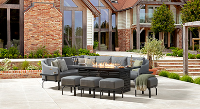 Belgravia 2G - Extended Corner Sofa Combo with Gas Fire Pit Dining Table & Footstools