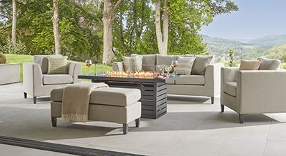 Birkin 11D- 3 Seat Sofa Set with Gas Fire Pit Coffee Table and Bench - Greige