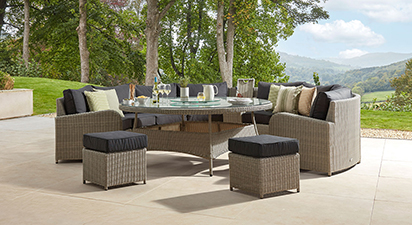 Arc 36 - Half Moon Sofa with 8 Seat Dining Table & Footstools - Light Grey