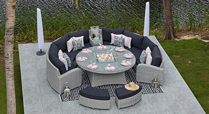 Arc 14 - Half Moon Sofa with Gas Firepit Dining Table and Footstools