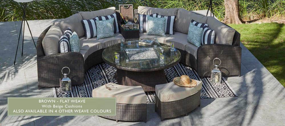 Half Moon Sofa With Gas Firepit Coffee, Rattan Garden Furniture With Fire Pit Tables