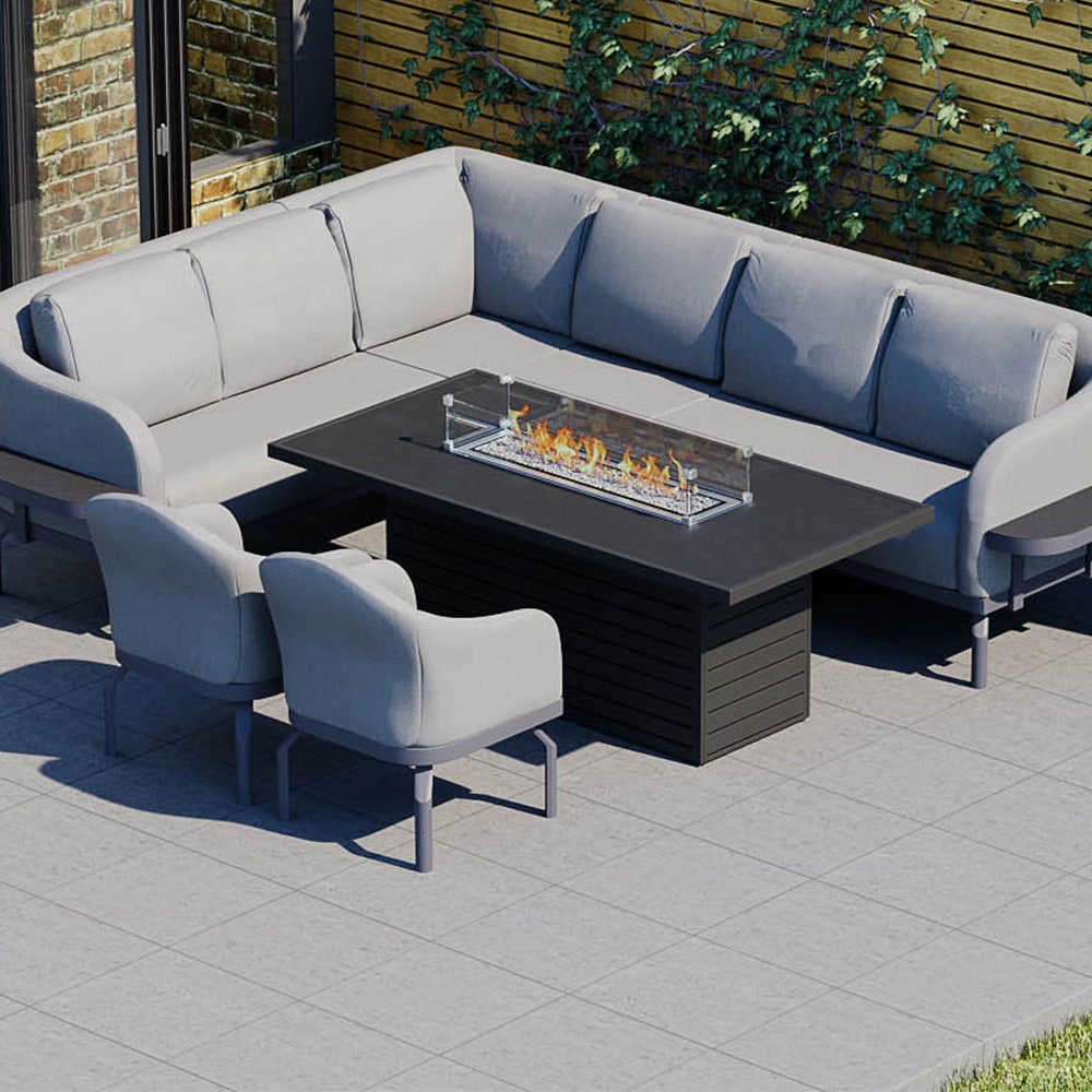 Belgravia 2m Extended Corner Sofa Combo With Gas Fire Pit Dining Table Dining Chairs