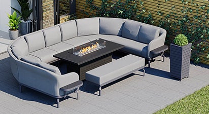 Belgravia 6J - Angled U Shaped Sofa Combo with Dining Gas Fire Pit Table & Bench