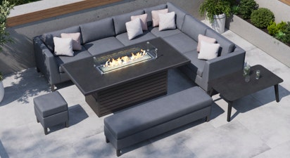 Birkin 2V - Extended Corner Sofa and Gas Fire Pit Dining Table with Bench