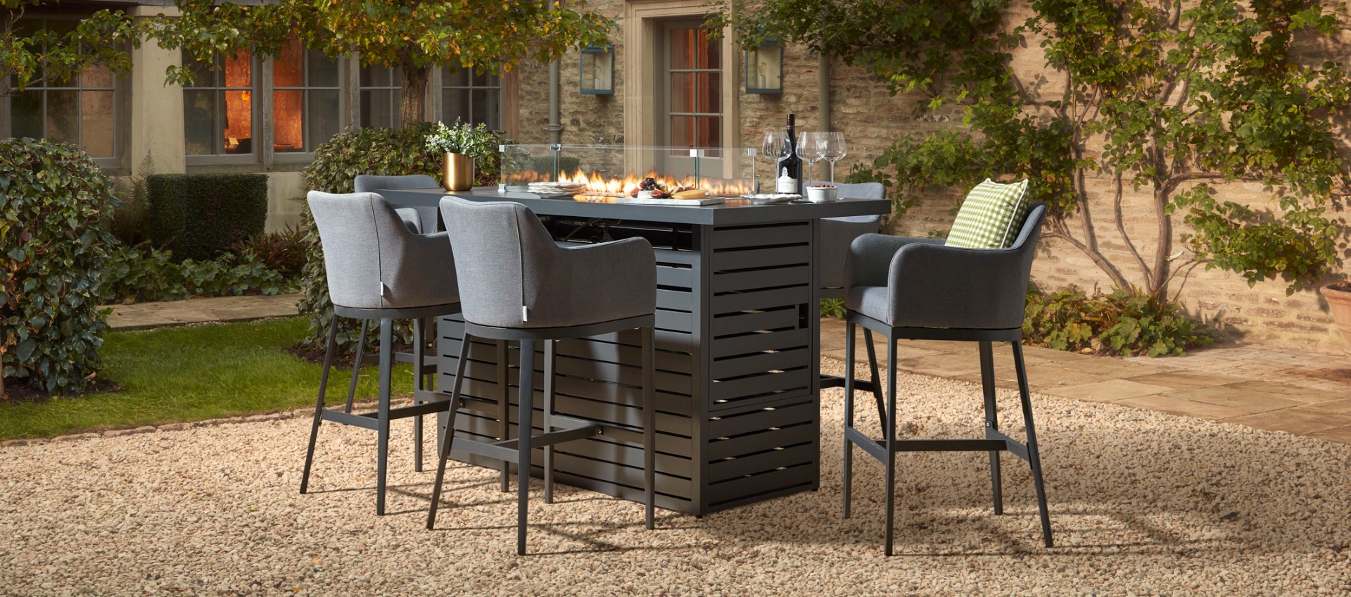Birkin Bar Table 6G 6 Bar Stools and Gas Fire Pit