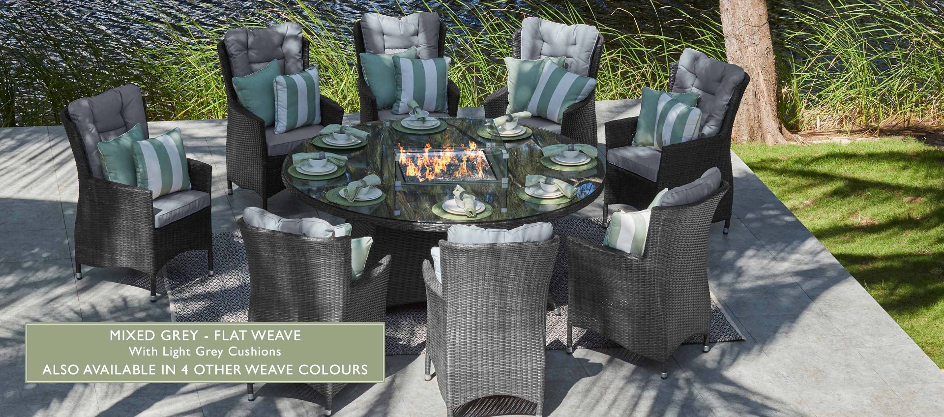 8 Seat Round - Gas Fire Pit Dining Table with Turnbury Chair - Mixed Grey