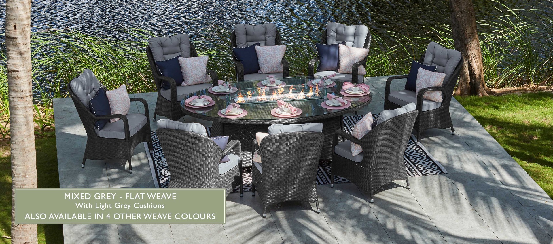 8 Seat Oval - Gas Fire Pit Dining Table with Eton Chair - Mixed Grey