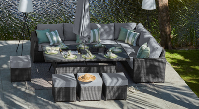 Halo 2J - Corner Sofa with Charcoal Fire Pit Dining Table and Footstools