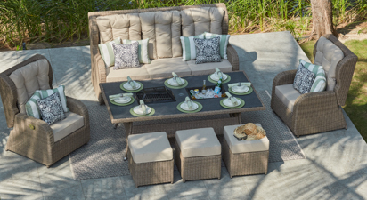 Henley 15 - 3 Seat Sofa with Charcoal Fire Pit Dining Table and Armchairs
