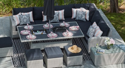 Ledbury 2J - Extended Corner Sofa with Charcoal Firepit Dining Table and Footstools