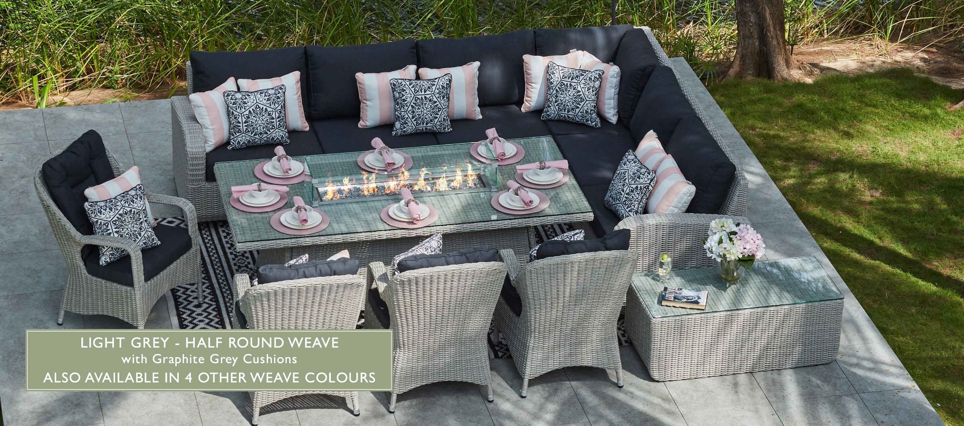 Ledbury 2M Extended Corner Sofa with Firepit Dining Table and Dining Chairs