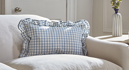 Gingham Ruffle Rectangular Cushion - Blue