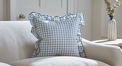 Gingham Ruffle Square Cushion - Blue