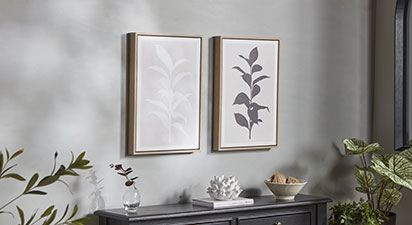 Natural and Black Leaf Print Canvas with Natural Frames Set of 2