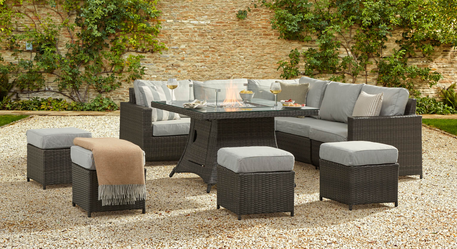 HALO 1e - Corner Sofa with Gas Fire Pit Dining Table - Mixed Grey