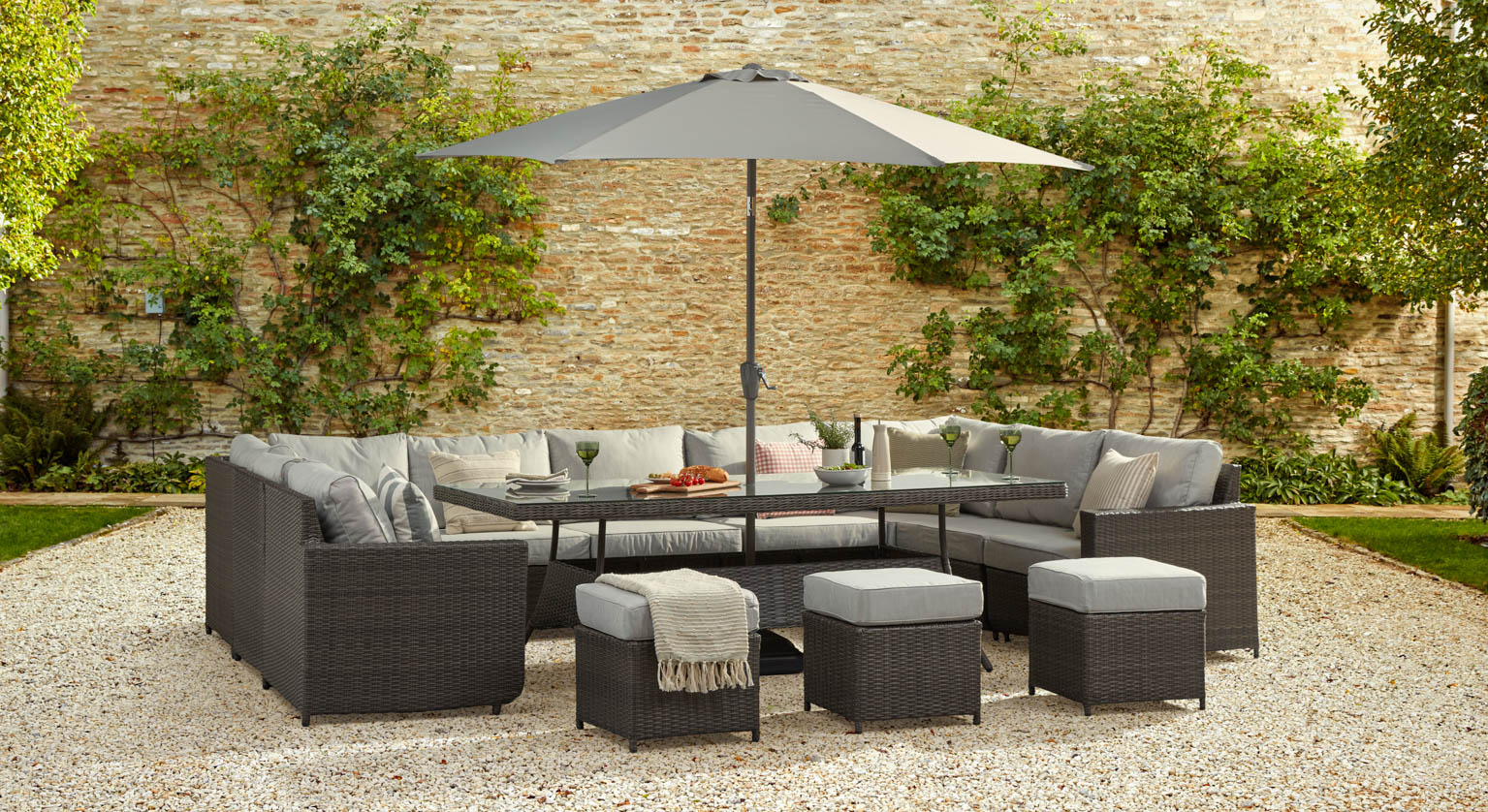 HALO 5e - U Shaped Sofa Combo with Dining Table & Footstools - Mixed Grey