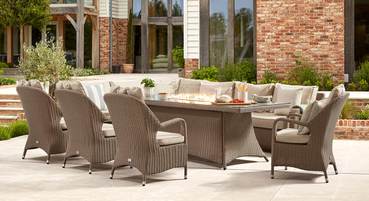 Ledbury 2M - Extended Corner Sofa with Firepit Dining Table and Dining Chairs