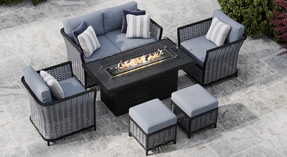 Talia 10D - 2 Seat Sofa Set and Gas Fire Pit Coffee Table with Footstools