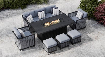 Talia 11E - 3 Seat Sofa Set and Gas Fire Pit Dining Table with Footstools