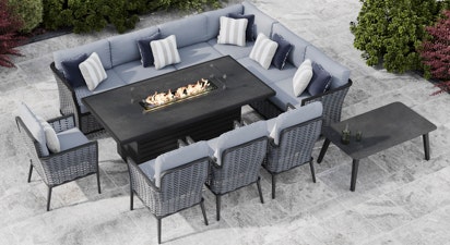 Talia 2M - Extended Corner Sofa with Gas Fire Pit Dining Table and Dining Chairs