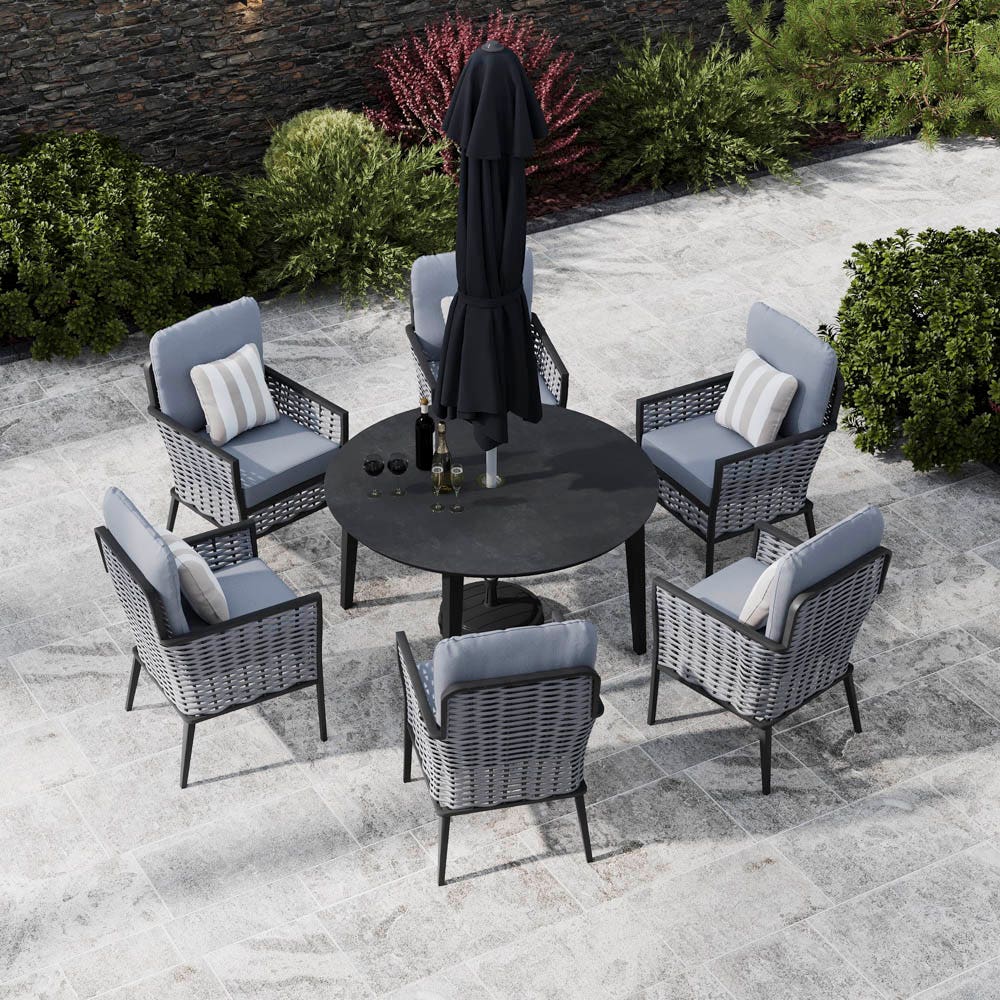 Grey 6 Seater Garden 6 Seat Dining With Ceramic Glass Top Table