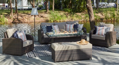 Windsor 10 - 3 Seat Sofa Set with Gas Fire Pit Coffee Table and Bench