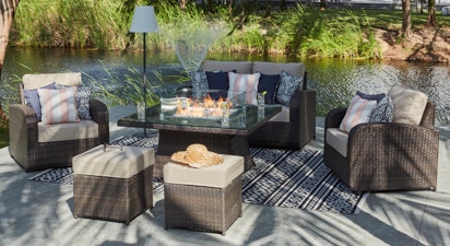 Windsor 11 - 2 Seat Sofa Set with Gas Fire Pit Dining Table and Footstools