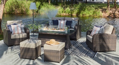 Windsor 9 - 2 Seat Sofa Set with Fire Pit Coffee Table and Footstools